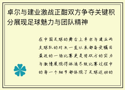 卓尔与建业激战正酣双方争夺关键积分展现足球魅力与团队精神